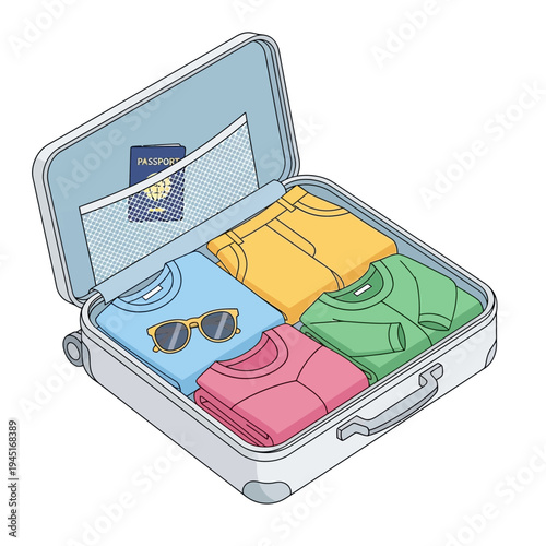 Open Suitcase Packed With Colorful Clothes, Passport, and Sunglasses for Travel