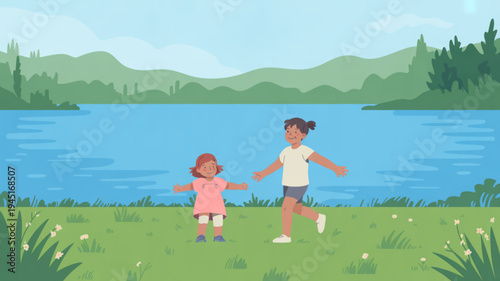 Two girls running hand in hand on green grass by serene lake with mountains