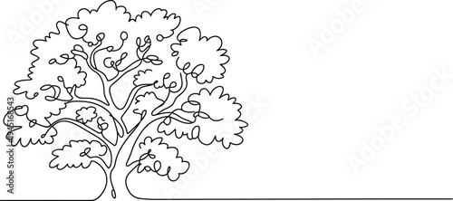Artistic single line drawing of a stylized deciduous tree with swirling branches and a cloud-like canopy on a white background Keywords: tree, drawing, single line, continuous line