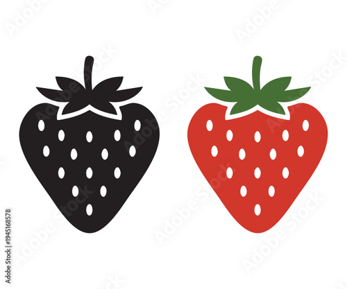 A red strawberry icon and a black silhouette strawberry illustration with seeds and leaves presented side-by-side