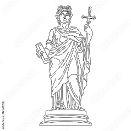 Minimal line of a statue of a man in a robe holding a cross and a book