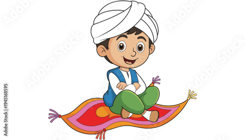 A cartoon boy sitting on a magic carpet with a turban on his head