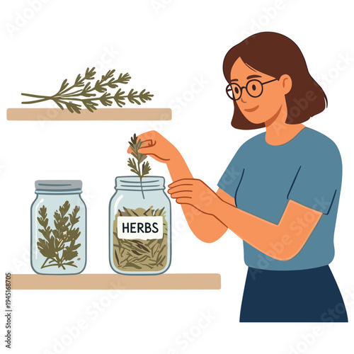 Woman putting herbs into a labeled glass jar on a shelf with other jars and plants.