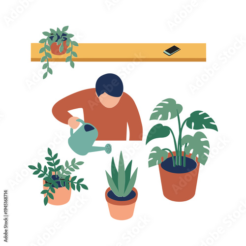 A man waters plants on a shelf in a room with several potted plants.