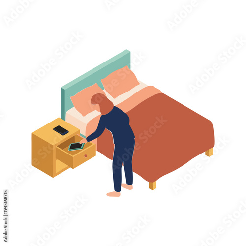 Man opens drawer of nightstand beside bed in bedroom