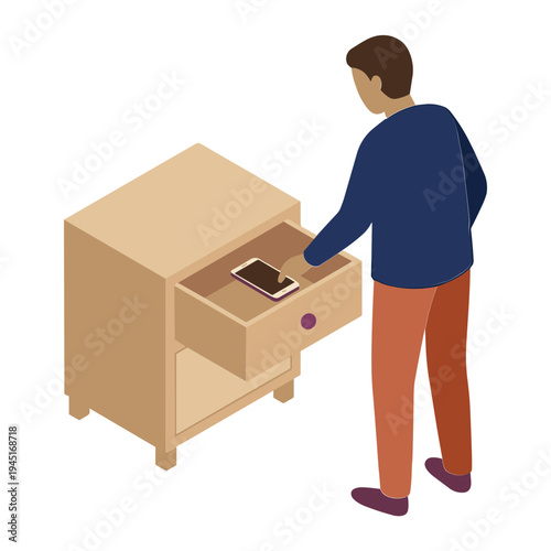 Man opens drawer of wooden nightstand furniture piece in bedroom