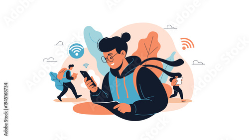 Modern illustration shows young students actively using smartphones and tablets for communication and education in a digital world.
