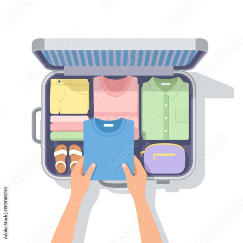 Packing suitcase for travel, organizing clothes and accessories flat lay.