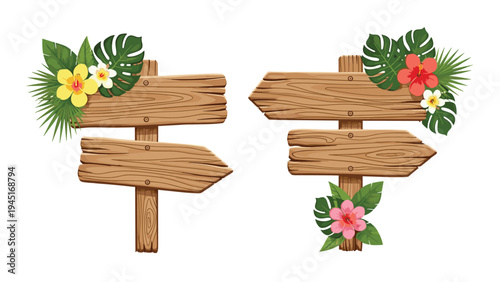 Tropical wooden signboards are decorated with exotic monstera leaves, vibrant hibiscus flowers, and colorful plumeria blossoms.