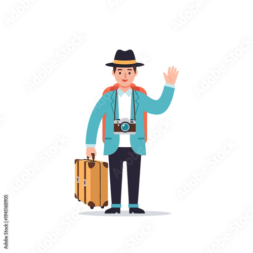Traveler waving hello with suitcase and camera, ready for adventure