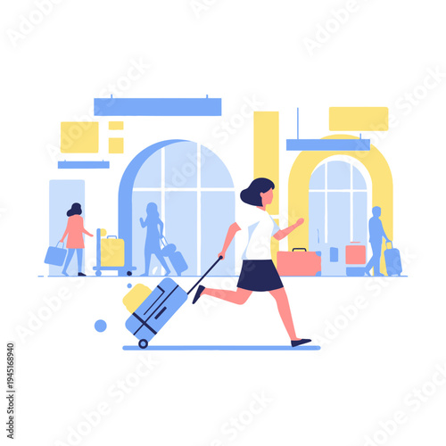 Woman rushing with suitcase at airport or train station, travel concept