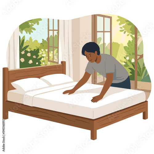 Person making a bed with white sheets in a room with a garden view