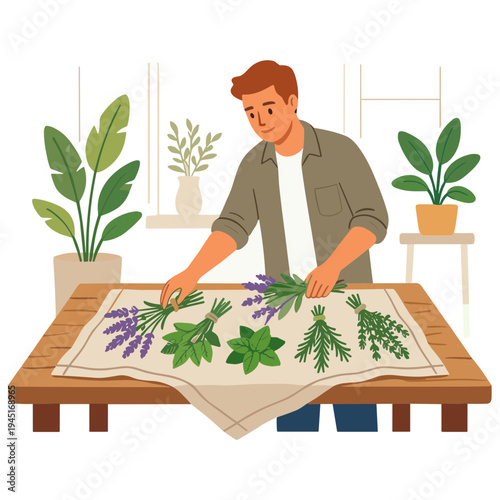 A man arranging plants and herbs on a table in a room