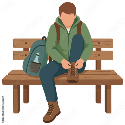 Man sitting on bench tying shoes with backpack and water bottle