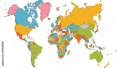Colorful Political World Map with Distinct Country Colors on White political map countries