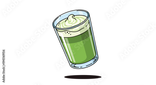 Cartoon Illustration of a Refreshing Matcha Green Tea Latte with Whipped Cream