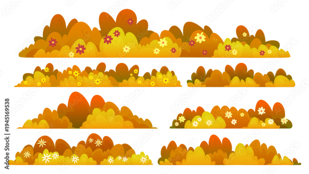 Obraz premium Autumn set of bush and grass with flowers isolated on white background. Vector cartoon illustration of yellow and orange garden plants, fall park vegetation, decorative field nature design elements