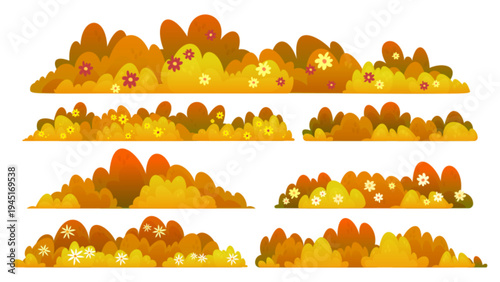 Autumn set of bush and grass with flowers isolated on white background. Vector cartoon illustration of yellow and orange garden plants, fall park vegetation, decorative field nature design elements