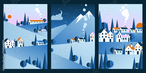Geometric winter mountain landscapes set. Vector illustration of with triangular snowy peaks and trees, Scandinavian village houses, sunset and starry night sky with moon, Nordic travel poster design
