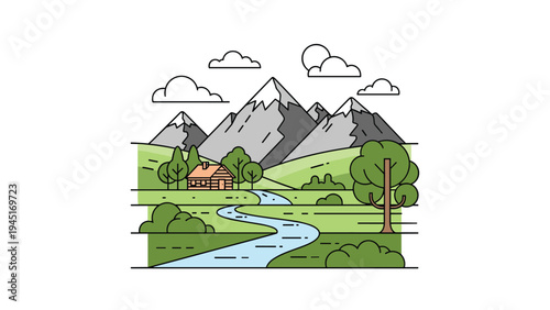Scenic mountain landscape features a cozy wooden cabin nestled in green fields next to a winding blue river under a cloudy sky.
