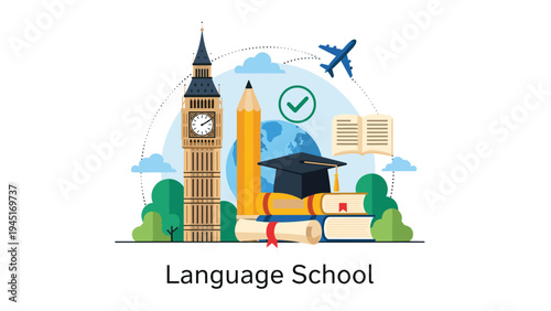 Language school concept illustration combines London landmarks like Big Ben with education symbols such as books and a globe.