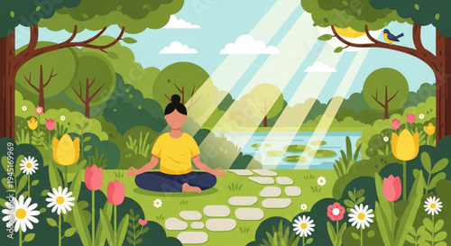 Woman meditating in a serene garden with flowers and sunshine peaceful and relaxing atmosphere yoga and wellness concept
