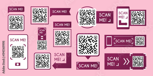QR code scanner icon with phone frame for mobile payment, set of vector illustrations. Modern barcode reader sticker design for digital commerce and scan me store discount labels
