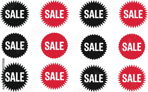 Set of red and black starburst sale stickers with serrated edges for commercial retail marketing promotions and seasonal discount offers.