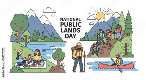 People enjoy outdoor activities on national public lands day hiking picnicking and canoeing in a scenic mountain landscape with trees and water