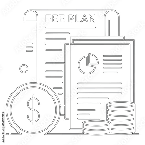 Minimal line of fee plan documents with coins and dollar sign line minimal papers clipboard line fee plan