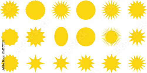 Large set of flat yellow sunburst vectors with different ray styles and circular shapes isolated on white for weather icons.