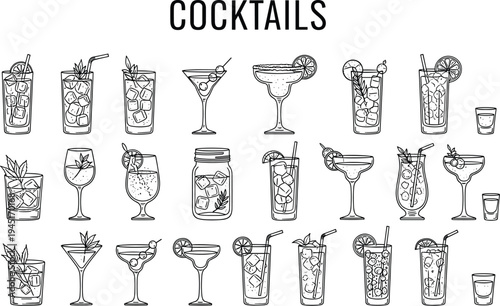 Collection of hand drawn cocktail icons and tropical drink sketches in black line art style for bar menus and summer party.
