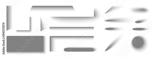 Shadow overlay pack of round, square, oval shapes with soft blur isolated on white. Vector realistic illustration of transparent drop effects with edge lines and gradients for professional design