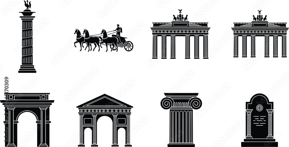 Naklejka premium Set of Black Silhouette Icons of Ancient Roman and Greek Architecture Elements Including Triumphal Arches Columns Chariots and Iconic Landmarks