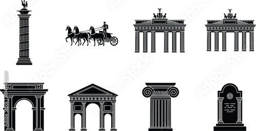 Set of Black Silhouette Icons of Ancient Roman and Greek Architecture Elements Including Triumphal Arches Columns Chariots and Iconic Landmarks