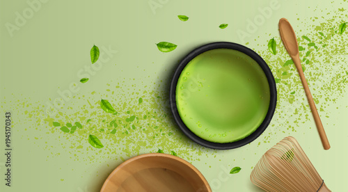 Green matcha tea, vector background with powder splash, realistic texture and leaf elements. Asian cuisine poster with bamboo whisk and spoon, menu and traditional Japanese beverage illustration