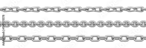 Silver chain links, seamless metal pattern with realistic steel texture, vector set isolated on white background. Jewelry design, necklace illustrations, iron border elements, frame collection