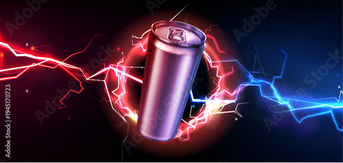 Energy drink can and color lightning effects on black background. Vector realistic illustration of tin bottle mockup for soda or carbonated power beverage, drinking product advertising banner design