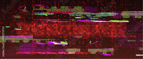 Red digital glitch background with distorted pixel patterns and screen noise effects. Vector realistic illustration of computer error bg, hacker attack on security system, bad signal, data breach