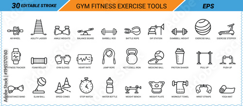 Gym Fitness Exercise Tools Icons Set Vector Graphic Keywords: gym, fitness, exercise, Icon Set