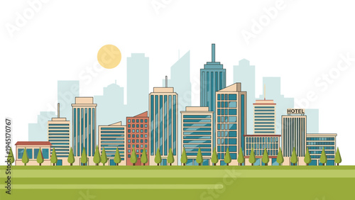 Modern city skyline features diverse skyscrapers and office buildings situated behind a green park field under a bright sun.