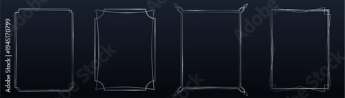 Elegant silver thin line frames realistic vector isolated on black background. Luxury grey metal borders, art deco design, premium labels, vintage decorations, or modern ornamental elements