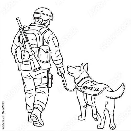 A soldier in uniform with a helmet and a rifle walks alongside a loyal service dog wearing a vest, symbolizing companionship and duty.
