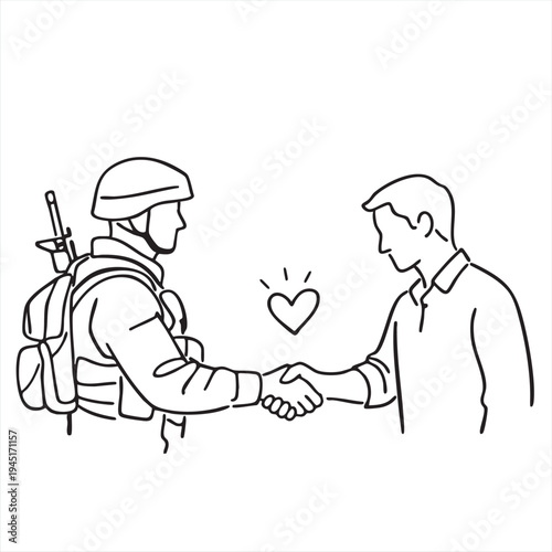 A dedicated soldier and a respectful civilian shaking hands, symbolizing heartfelt unity, mutual support, and patriotic peace with genuine appreciation.