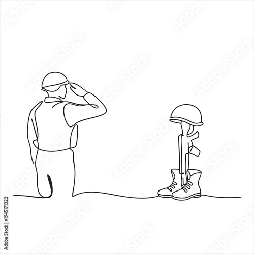 Solider renders a final salute honoring a fallen comrade beside a rifle, helmet, and boots battlefield cross memorial