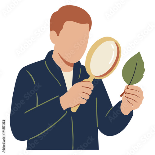 Man examines leaf with magnifying glass closely