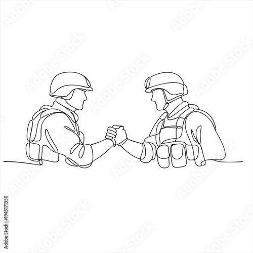One line drawing of two military soldiers in uniform shaking hands, representing cooperation and unity in the armed forces.