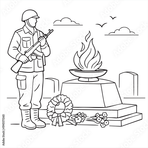 Brave soldier stands solemn guard beside an eternal flame memorial, honoring those who served.