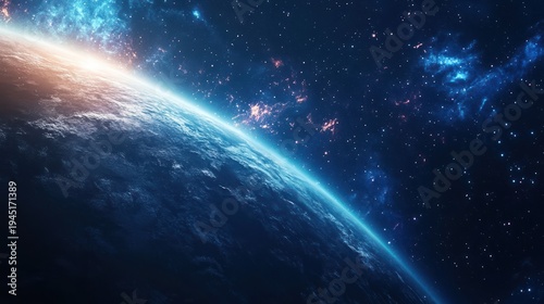 A vibrant celestial scene with planet, light, nebulas, and stars filling the dark space