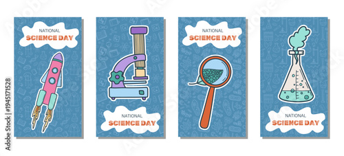 National Science Day social media banners set. Instargam stories Cute doodle hand drawn concept for biology, chemistry, physics and science laboratory concept design template